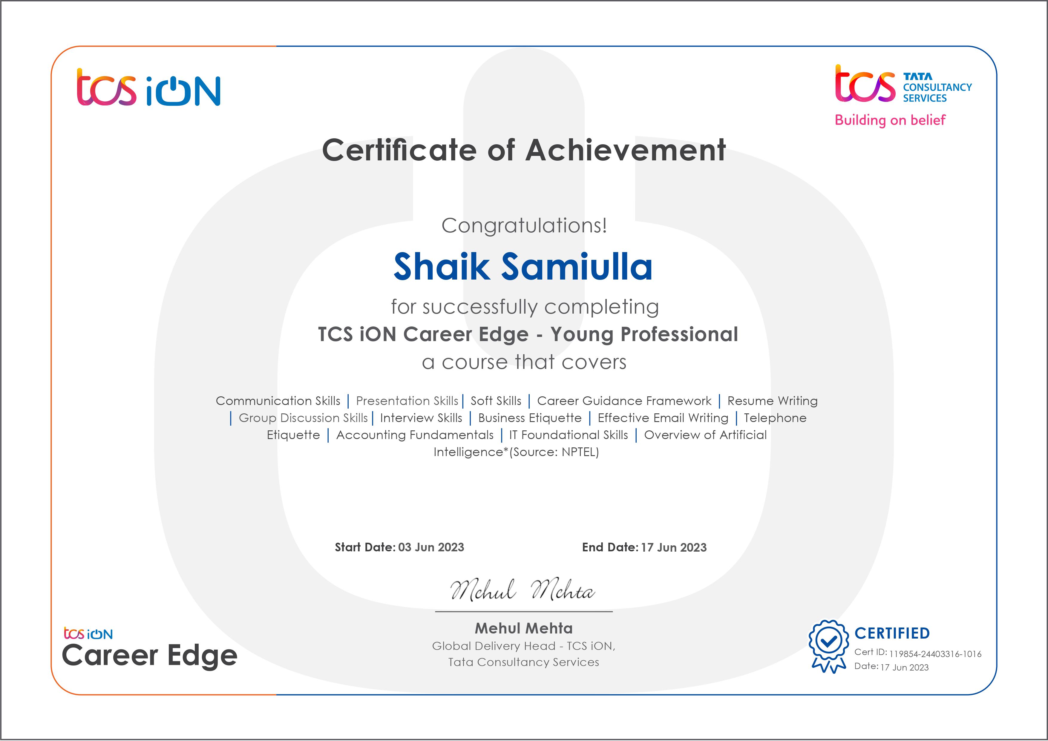 TCS ion Young Professional certificate